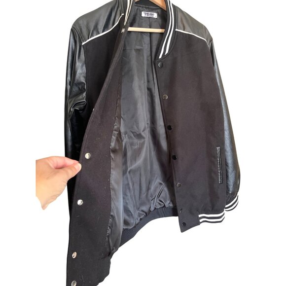 COOFANDY Women's Black Varsity Jacket Faux Leather Sleeves Striped Ribbed Sz M - Picture 7 of 9